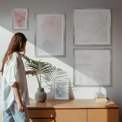 Pared galería de arte con diseño de texturas de acuarela en tonos pastel