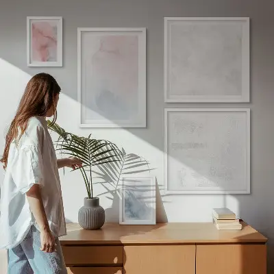 Pared galería de arte con diseño de texturas de acuarela en tonos pastel