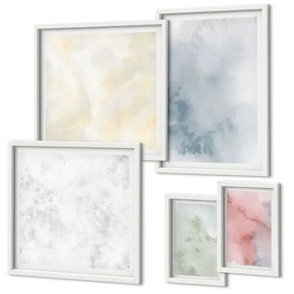 Conjunto de cuadros decorativos con acuarelas en tonos pastel sobre lienzo