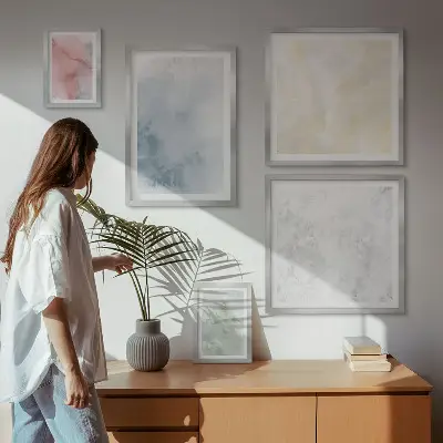 Conjunto de cuadros decorativos con acuarelas en tonos pastel sobre lienzo