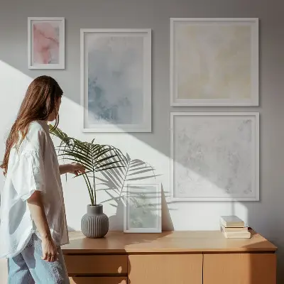 Conjunto de cuadros decorativos con acuarelas en tonos pastel sobre lienzo