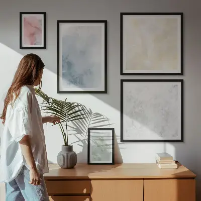 Conjunto de cuadros decorativos con acuarelas en tonos pastel sobre lienzo