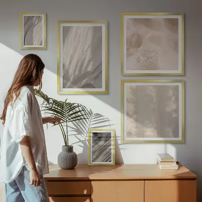 Conjunto de cuadros decorativos con telas bohemias naturales en primer plano