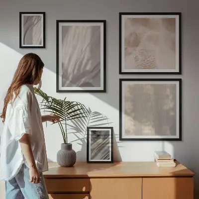 Conjunto de cuadros decorativos con telas bohemias naturales en primer plano