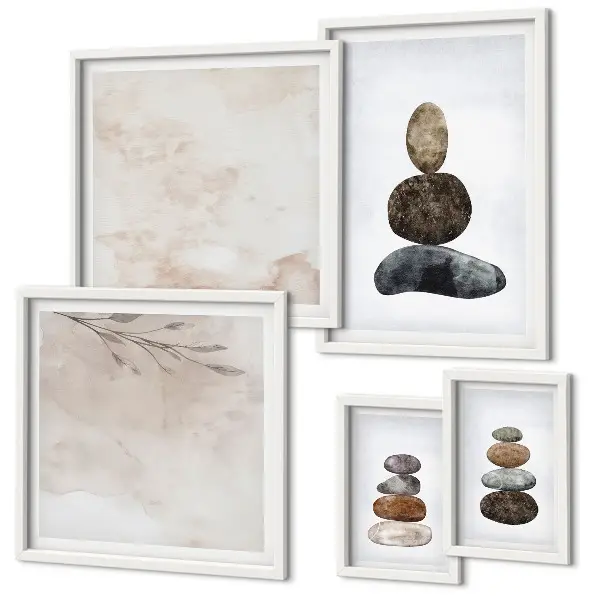Set de 5 cuadros para salón diseño de pintura bohemia con montones de piedras