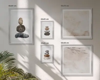 Set de 5 cuadros para salón diseño de pintura bohemia con montones de piedras