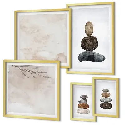 Set de 5 cuadros para salón diseño de pintura bohemia con montones de piedras
