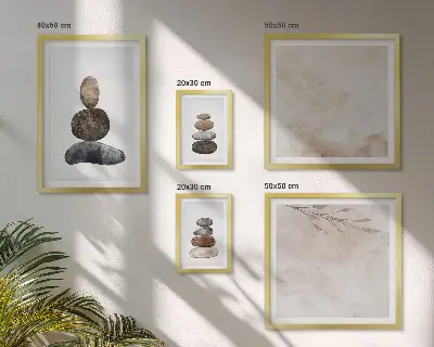 Set de 5 cuadros para salón diseño de pintura bohemia con montones de piedras