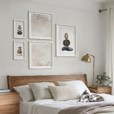 Set de 5 cuadros para salón diseño de pintura bohemia con montones de piedras