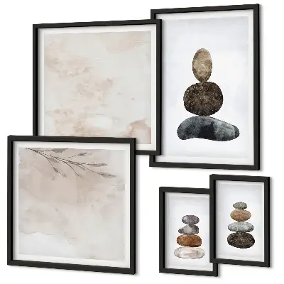 Set de 5 cuadros para salón diseño de pintura bohemia con montones de piedras