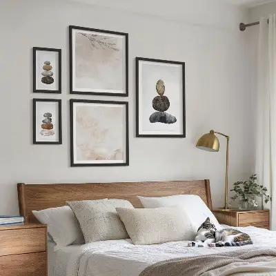 Set de 5 cuadros para salón diseño de pintura bohemia con montones de piedras