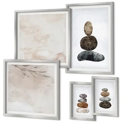 Set de 5 cuadros para salón diseño de pintura bohemia con montones de piedras