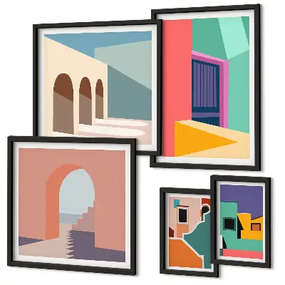 Set de 5 cuadros para salón con ilustraciones coloridas de la ciudad