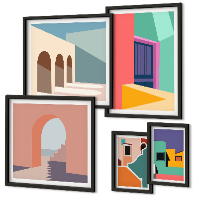 Set de 5 cuadros para salón Ilustraciones coloridas de la ciudad