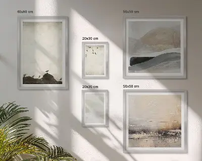 Pared galería de arte decoración con pájaros, rocas y pinceladas