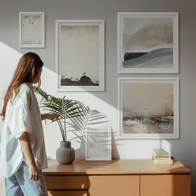 Pared galería de arte decoración con pájaros, rocas y pinceladas