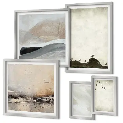 Pared galería de arte decoración con pájaros, rocas y pinceladas