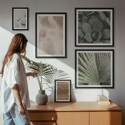 Pared galería de arte con texturas de tela, madera y piedras