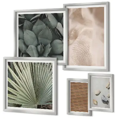 Pared galería de arte con texturas de tela, madera y piedras