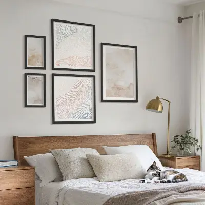 Set de 5 cuadros decorativos para salón diseño de hojas y manchas de acuarela