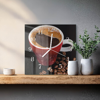 Cuadrado reloj de pared de cristal Una taza de café